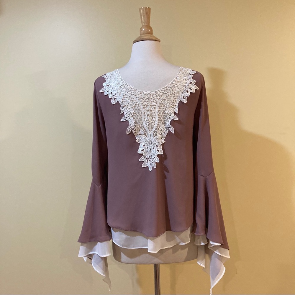 Crochet Lace Back Bell Sleeves Rose Chiffon Blouse - Picture 8 of 8